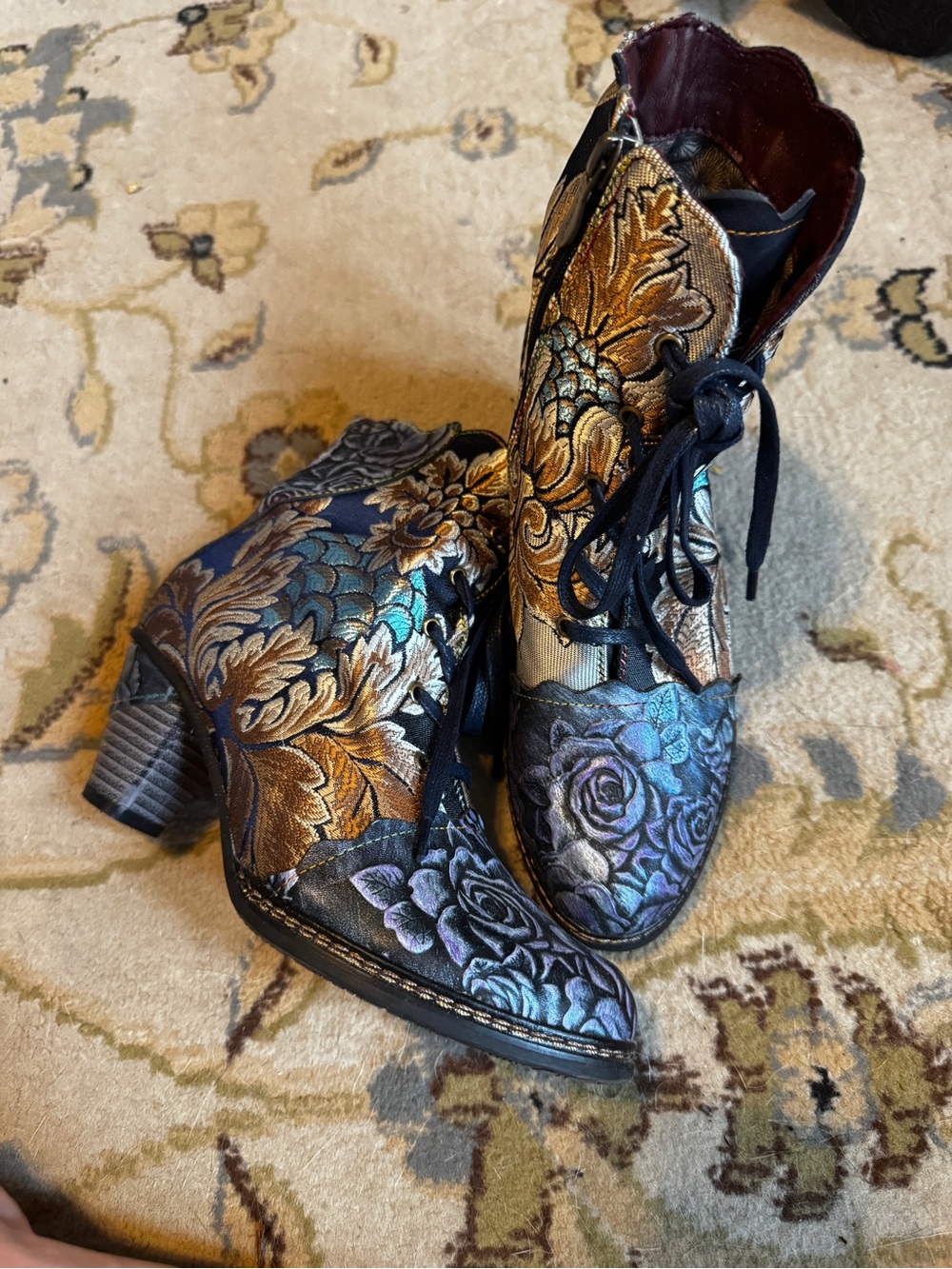 Floral Embroidered Lace-Up Ankle Boots in Metallic Blue and Gold